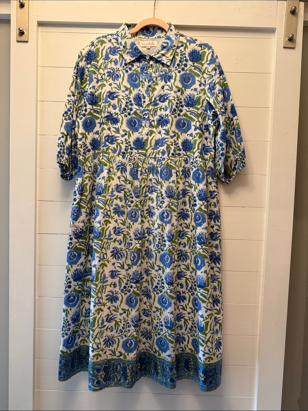 Blue Floral Collared Midi Dress with Short Sleeves